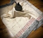 Ivory Tussar Silk Saree with Grey Border & Delicate Pastel Embroidery