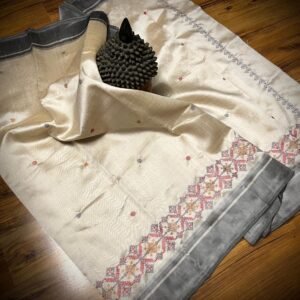 Ivory Tussar Silk Saree with Grey Border & Delicate Pastel Embroidery