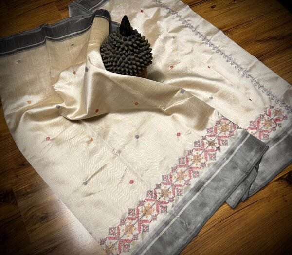 Ivory Tussar Silk Saree with Grey Border & Delicate Pastel Embroidery