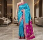 Majestic Teal Blue & Rani Pink Gaji Satin Silk Saree with Rich Gold Zari Border