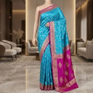 Majestic Teal Blue & Rani Pink Gaji Satin Silk Saree with Rich Gold Zari Border
