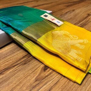 Peacock Teal Silk Saree with Mustard Yellow Gold Zari Contrast Border