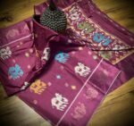 Royal Wine Satin Saree with Multicolor Elephant Motifs & Zari Peacock Border