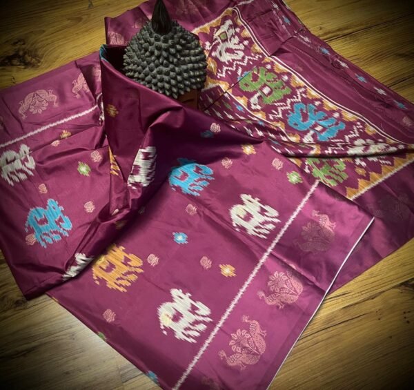 Royal Wine Satin Saree with Multicolor Elephant Motifs & Zari Peacock Border