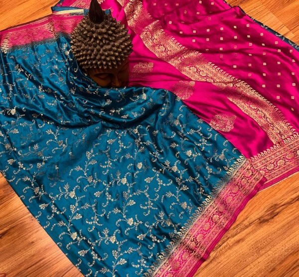 Majestic Teal Blue & Rani Pink Gaji Satin Silk Saree with Rich Gold Zari Border