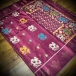 Royal Wine Satin Saree with Multicolor Elephant Motifs & Zari Peacock Border
