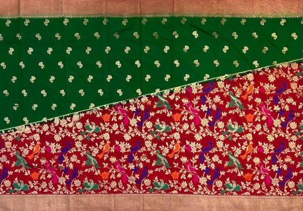 Emerald Green & Crimson Red Gold Zari Banarasi Saree with Multicolor Bird Jaal