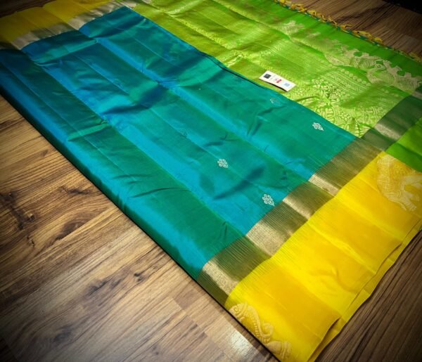 Peacock Teal Silk Saree with Mustard Yellow Gold Zari Contrast Border