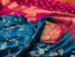 Majestic Teal Blue & Rani Pink Gaji Satin Silk Saree with Rich Gold Zari Border