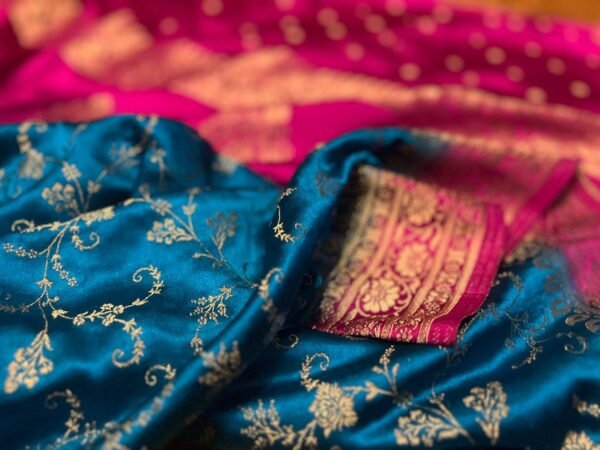 Majestic Teal Blue & Rani Pink Gaji Satin Silk Saree with Rich Gold Zari Border