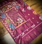 Royal Wine Satin Saree with Multicolor Elephant Motifs & Zari Peacock Border