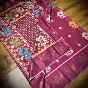 Royal Wine Satin Saree with Multicolor Elephant Motifs & Zari Peacock Border
