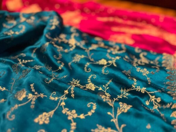 Majestic Teal Blue & Rani Pink Gaji Satin Silk Saree with Rich Gold Zari Border