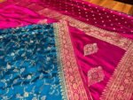 Majestic Teal Blue & Rani Pink Gaji Satin Silk Saree with Rich Gold Zari Border
