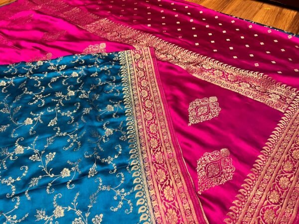 Majestic Teal Blue & Rani Pink Gaji Satin Silk Saree with Rich Gold Zari Border