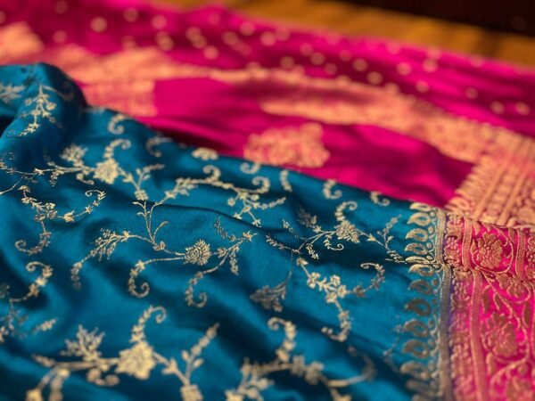 Majestic Teal Blue & Rani Pink Gaji Satin Silk Saree with Rich Gold Zari Border
