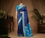 Royal Navy Blue & Aqua Teal Gaji Satin Silk Saree with Intricate Gold Zari