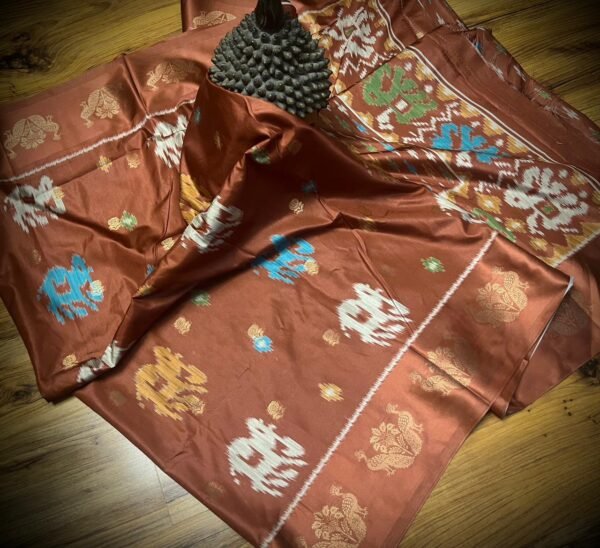 Copper Rust Satin Saree with Multicolor Elephant Motifs & Zari Peacock Border