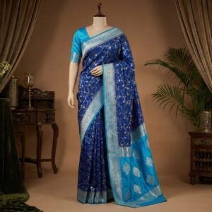 Royal Navy Blue & Aqua Teal Gaji Satin Silk Saree with Intricate Gold Zari