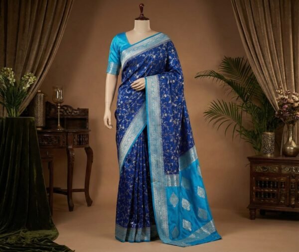 Royal Navy Blue & Aqua Teal Gaji Satin Silk Saree with Intricate Gold Zari