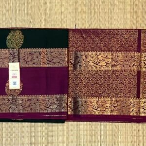Bottle Green Silk Saree with Magenta Gold Zari Gap Border