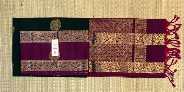 Bottle Green Silk Saree with Magenta Gold Zari Gap Border