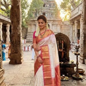 Pure White Silk Saree with Blush Pink Gold Zari Border