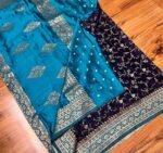 Royal Navy Blue & Aqua Teal Gaji Satin Silk Saree with Intricate Gold Zari