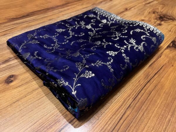 Royal Navy Blue & Aqua Teal Gaji Satin Silk Saree with Intricate Gold Zari