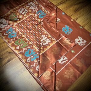 Copper Rust Satin Saree with Multicolor Elephant Motifs & Zari Peacock Border