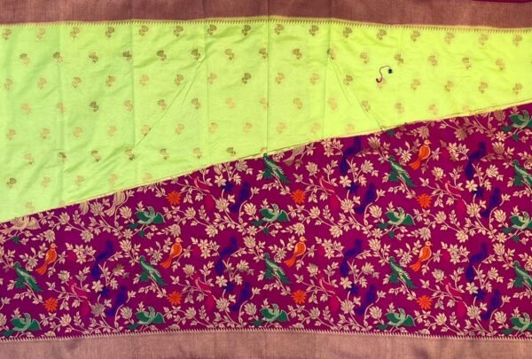 Lime Green & Rani Pink Gold Zari Banarasi Saree with Multicolor Bird Jaal