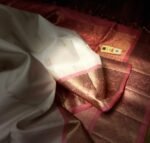 Pure White Silk Saree with Blush Pink Gold Zari Border