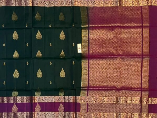 Bottle Green Silk Saree with Magenta Gold Zari Gap Border