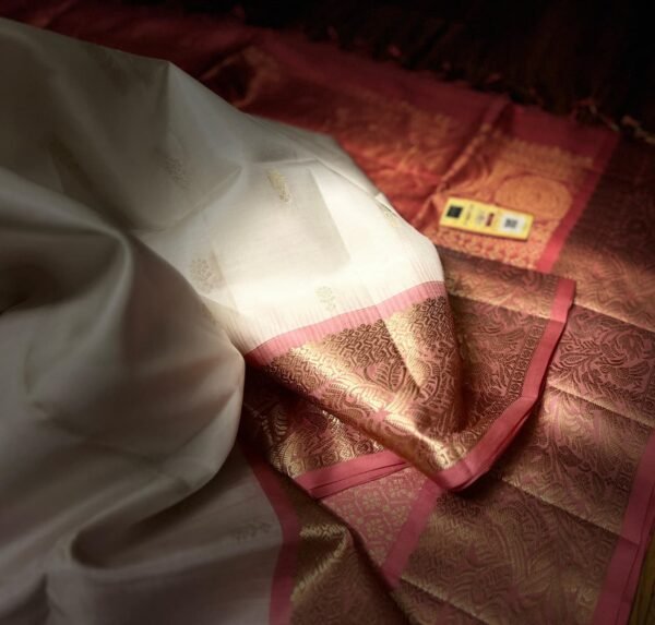 Pure White Silk Saree with Blush Pink Gold Zari Border