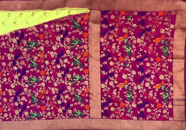 Lime Green & Rani Pink Gold Zari Banarasi Saree with Multicolor Bird Jaal