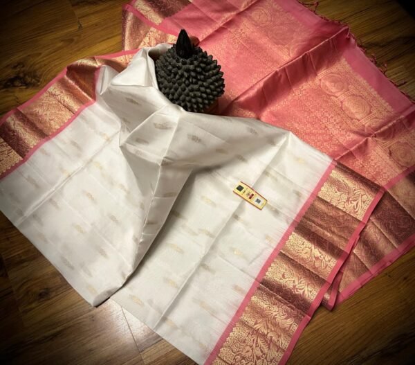 Pure White Silk Saree with Blush Pink Gold Zari Border
