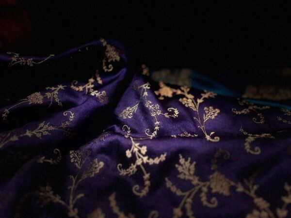 Royal Navy Blue & Aqua Teal Gaji Satin Silk Saree with Intricate Gold Zari