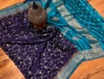 Royal Navy Blue & Aqua Teal Gaji Satin Silk Saree with Intricate Gold Zari