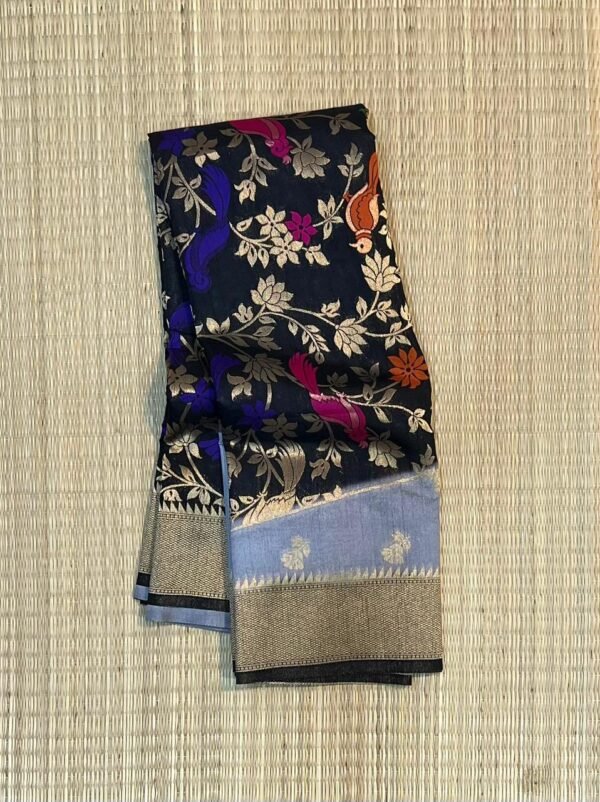 Powder Blue & Midnight Black Gold Zari Banarasi Saree with Multicolor Bird Jaal