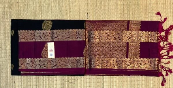 Elegant Black Silk Saree with Magenta Gold Zari Gap Border