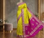 Radiant Lemon Yellow & Rani Pink Gaji Satin Silk Saree with Gold Zari Border