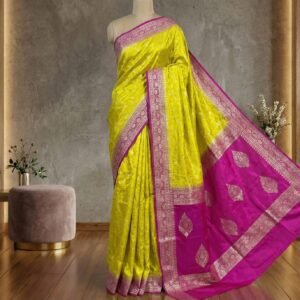 Radiant Lemon Yellow & Rani Pink Gaji Satin Silk Saree with Gold Zari Border