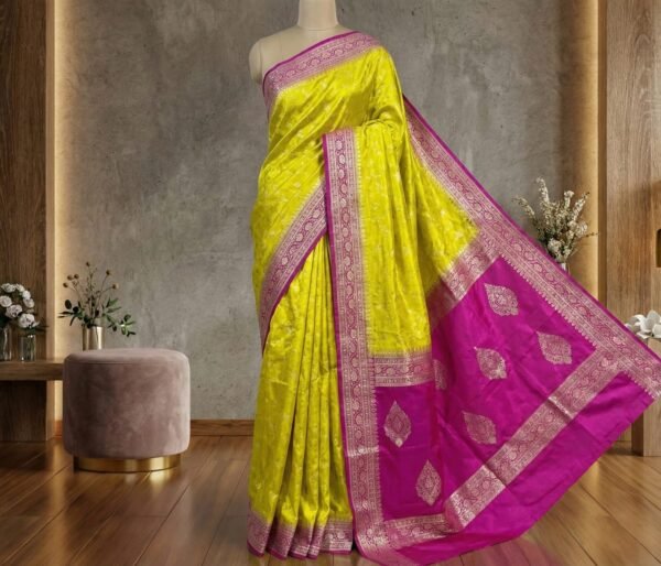 Radiant Lemon Yellow & Rani Pink Gaji Satin Silk Saree with Gold Zari Border
