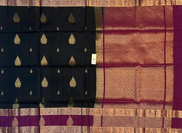 Elegant Black Silk Saree with Magenta Gold Zari Gap Border
