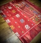 Radiant Ruby Red Satin Saree with Multicolor Elephant Motifs & Zari Peacock Border