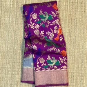 Silver Grey & Royal Purple Gold Zari Banarasi Saree with Multicolor Bird Jaal