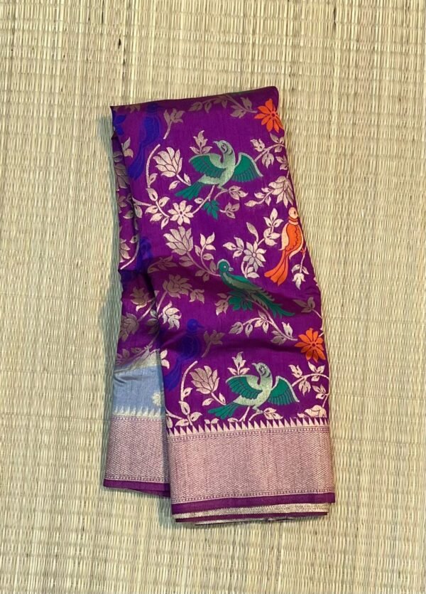 Silver Grey & Royal Purple Gold Zari Banarasi Saree with Multicolor Bird Jaal