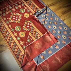 Slate Grey & Rust Satin Saree with Traditional Ikat Motifs and Zari Border