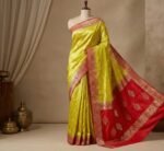 Vibrant Lime Yellow & Classic Red Gaji Satin Silk Saree with Gold Zari Weaving