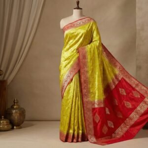 Vibrant Lime Yellow & Classic Red Gaji Satin Silk Saree with Gold Zari Weaving
